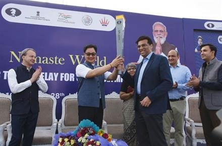 KIREN RIJIJU TAKES PART IN THE HAND-OVER CEREMONY OF THE FIRST-EVER CHESS OLYMPIAD TORCH RELAY