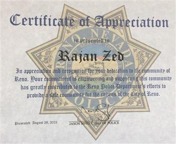 RELIGIOUS STATESMAN RAJAN ZED AWARDED CERTIFICATE OF APPRECIATION FOR DEDICATION TO COMMUNITY