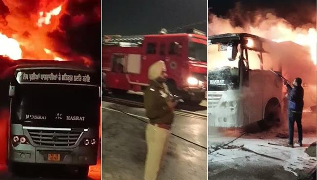 चलती बस में  लगी आग, 15 मिनट में जल कर सवाह, बठिंडा से लुधियाना जा रही थी बस, बस में सवार सभी 42 सवारियां सुरक्षित उतरे